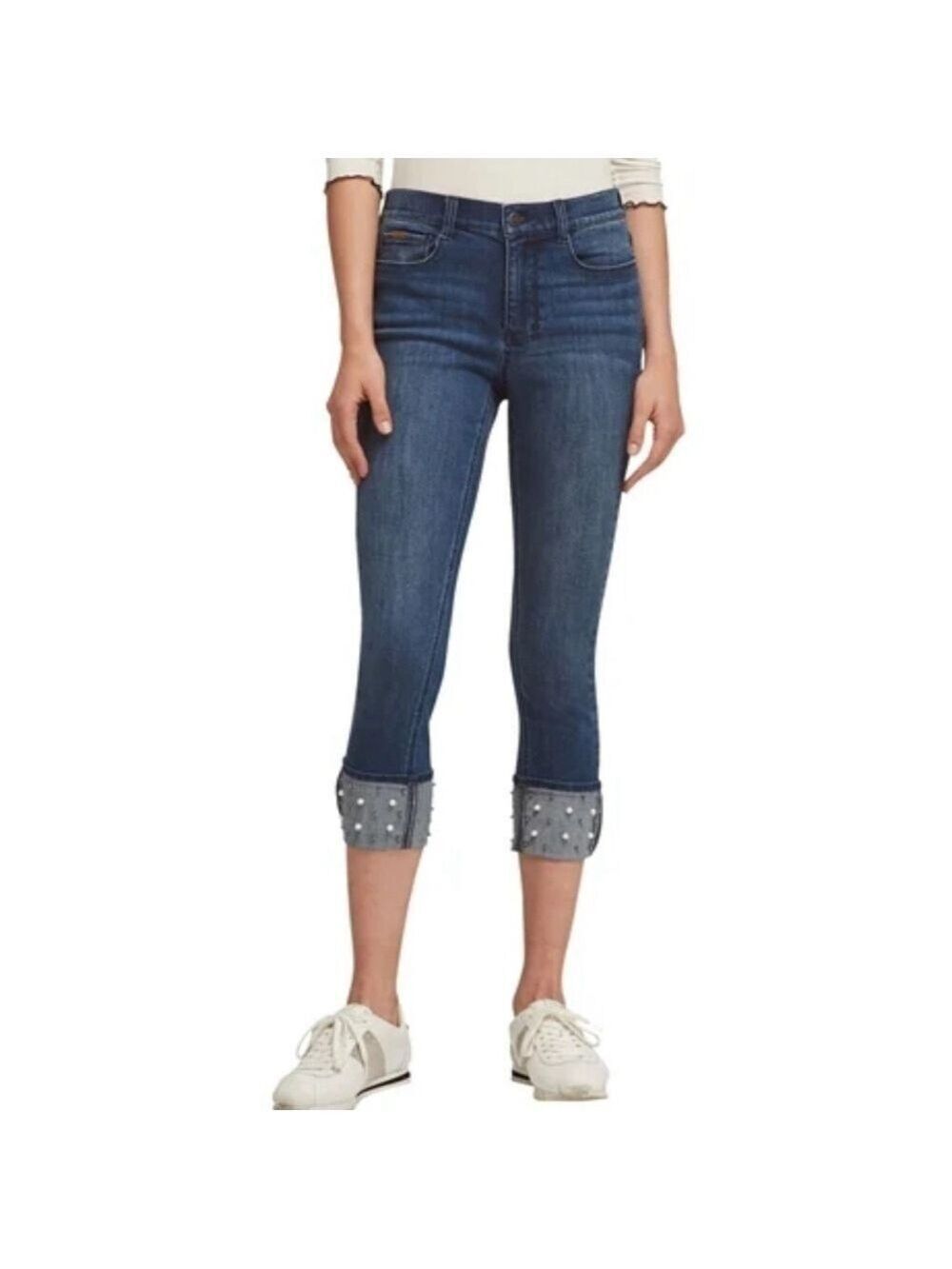 NWOT DKNY CROPPED JEANS DECORATED W STUDS & PEARLS & DEEP CUFFS PREPPY PUNK 10